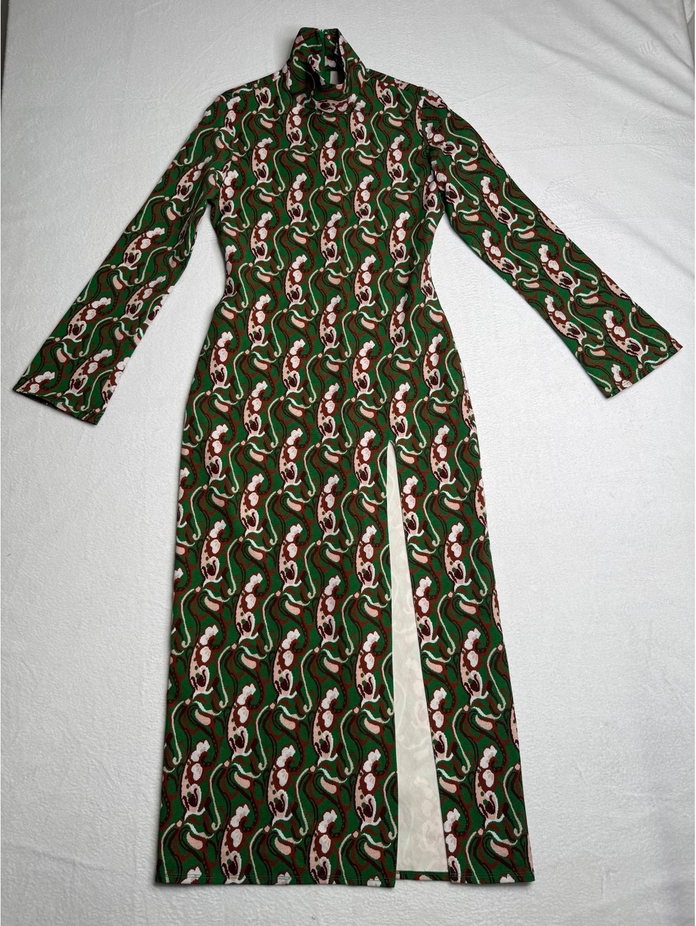 ZARA Printed Maxi Dress Women’s XS Green Brown Abstract Long Sleeve NWT